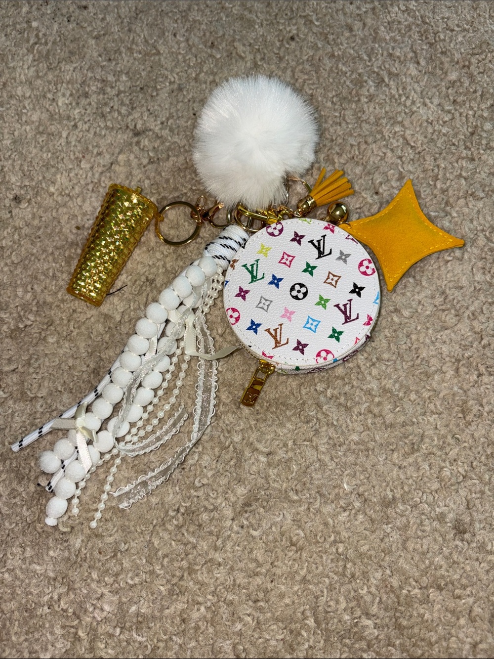 White Multicolor Round Pouch Key Holder with Pom Pom
